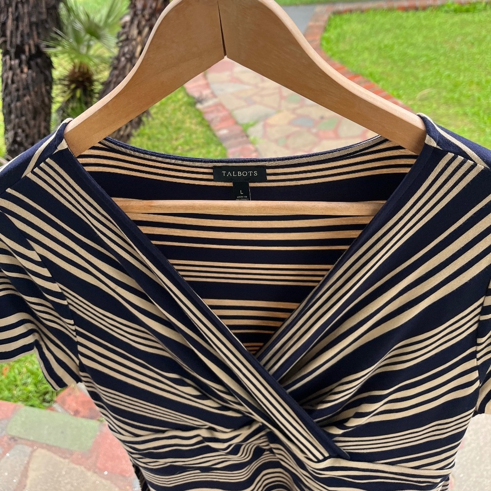 Talbots Navy & Tan Striped Wrap-Style Dress | Size Large | Like New💙👢